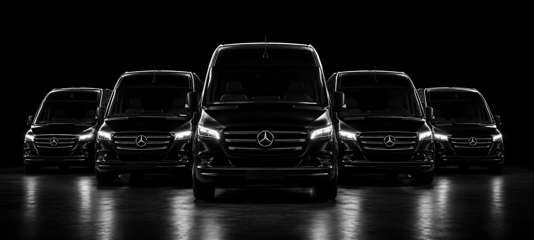 A fleet of five black Mercedes-Benz vans lined up under studio lights