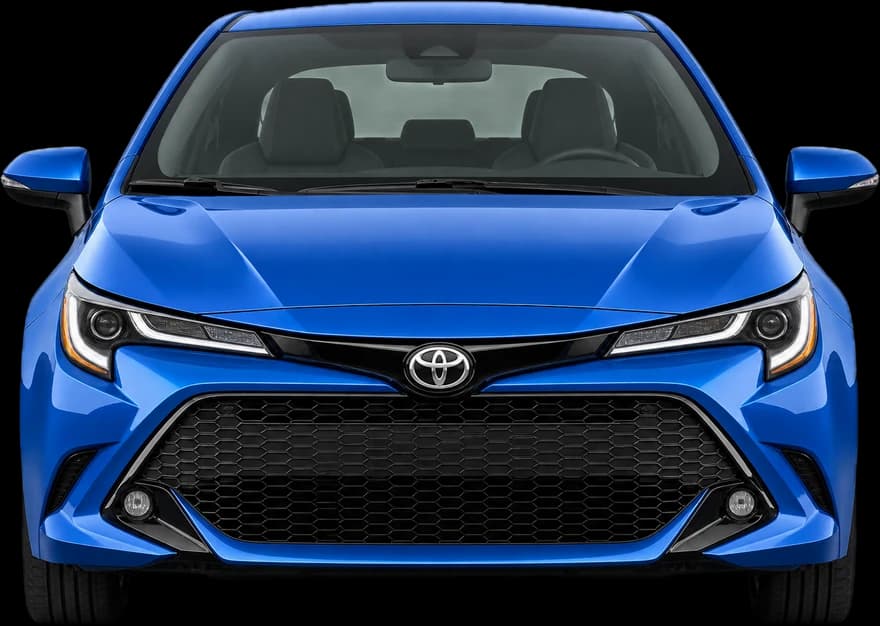 Blue hatchback, seen from the front